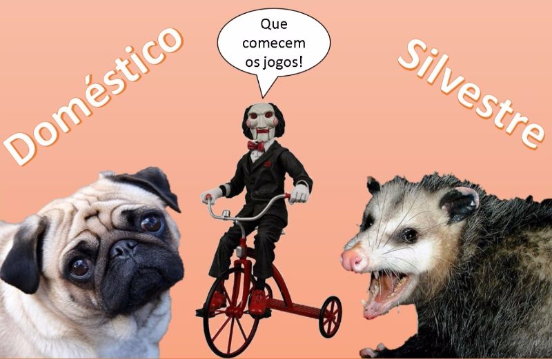 Sátira do filme Jogos Mortais representando discussões polêmicas no mundo da biologia referente aos animais domésticos em relação aos silvestres.  Mais uma vez, nós humanos tomando decisões para as vidas de animais de diferentes espécies