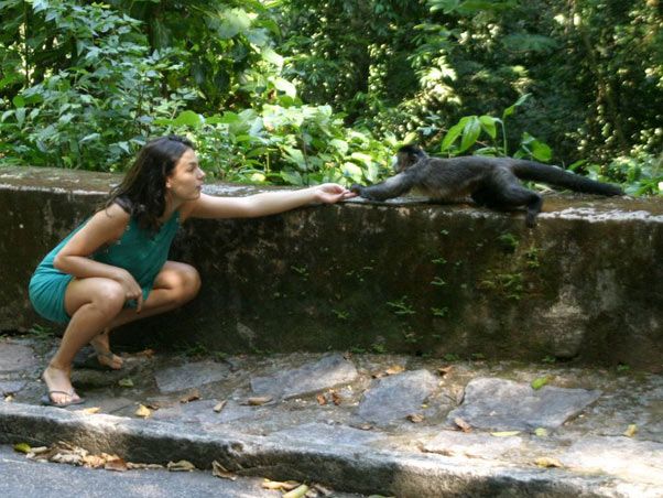 A atriz Isis Valverde, em 2010, alimentando macaco-prego em floresta da zona norte do Rio de Janeiro