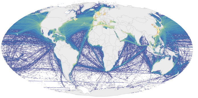 Rodovias marinhas ao redor do mundo. A maior concentração do deslocamento de embarcações fica no Hemisfério Norte