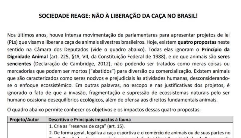 Manifesto contra projetos de lei pró-caça será enviado aos deputados federais