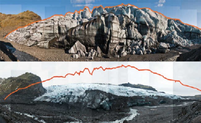 Imagens do documentário Chasing Ice mostrando a mesma geleira em períodos diferentes de tempo. Notem a diferença!
