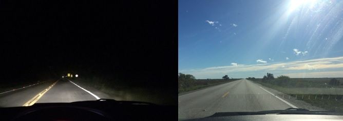 As diferentes visões de um carro em viagem noturna e diurna, na Estação Ecológica do Taim, Rio Grande do Sul